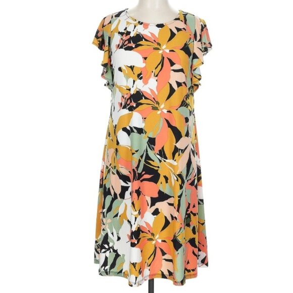 Anne Klein Coral Multi Color Flutter Sleeve Tropical Flower Dress - Picture 1 of 16
